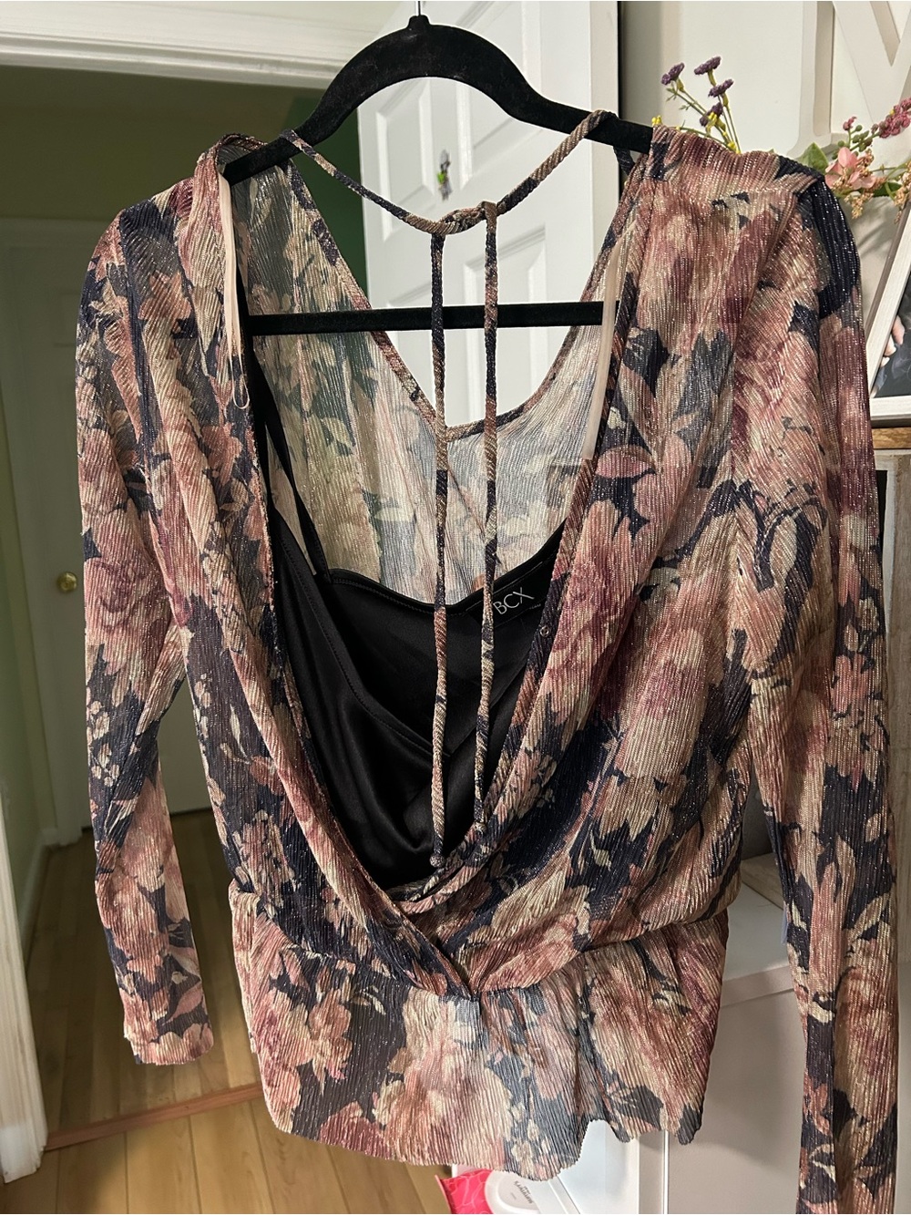 BCX Draped Long-Sleeve Floral Top in Blush and Navy